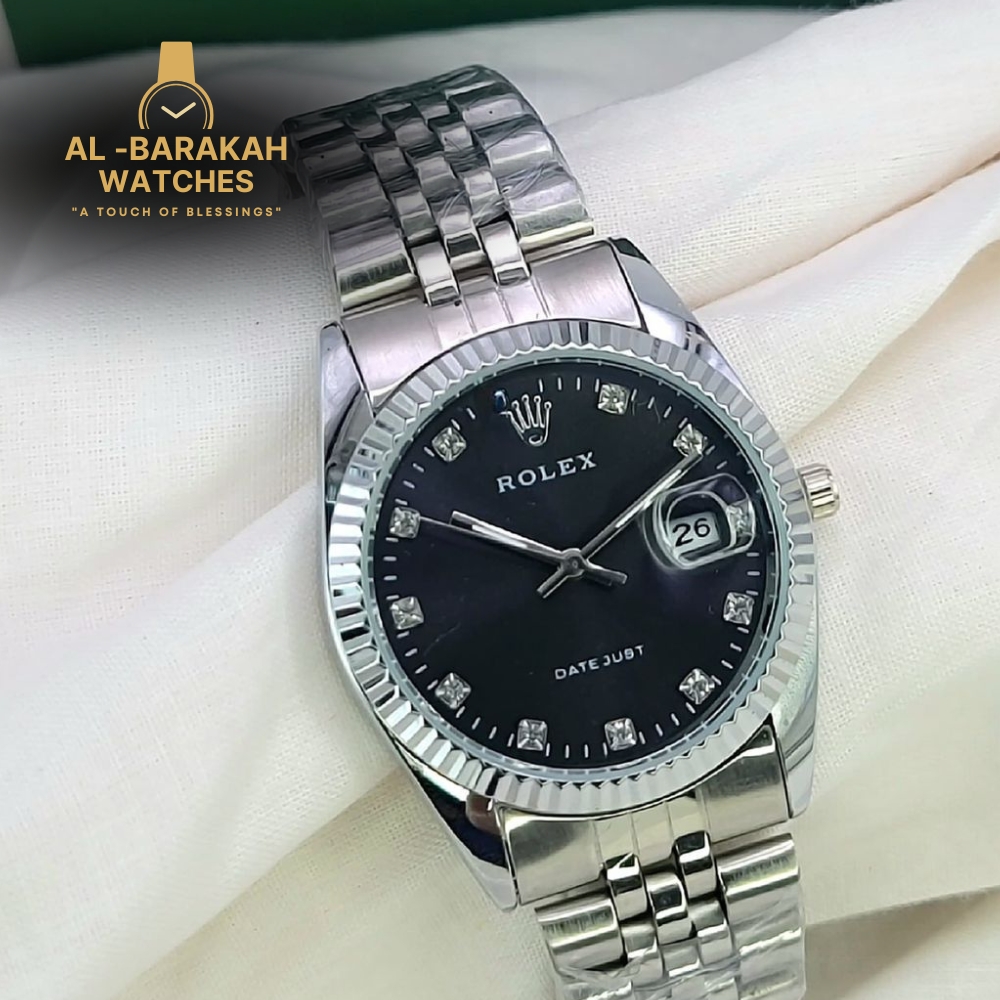 Silver Rolex Datejust-inspired watch with a black dial for men by Al-Barakah Watches.