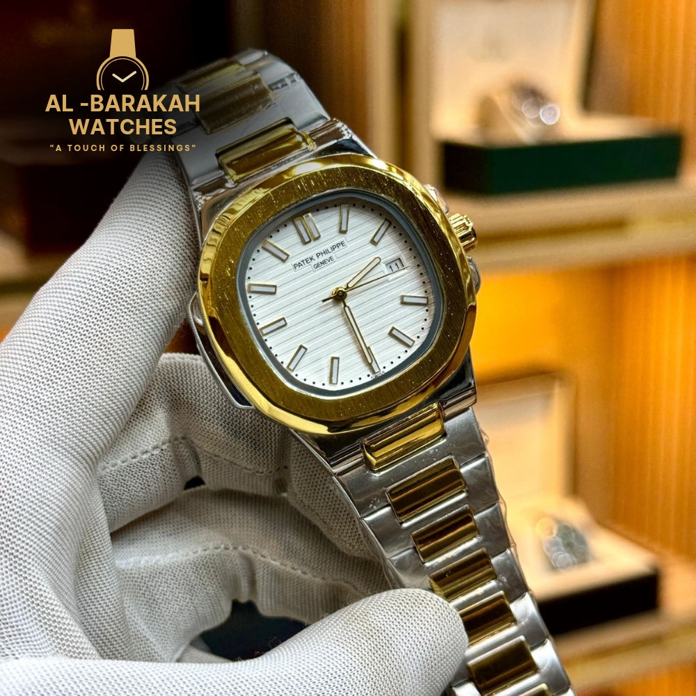 Two-tone Patek Philippe-inspired watch with a white dial for men by Al-Barakah Watches.